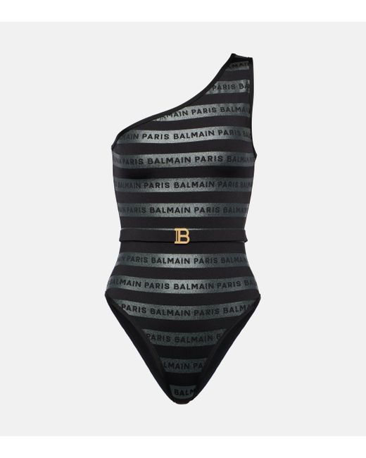 Balmain Black Logo One-shoulder Swimsuit