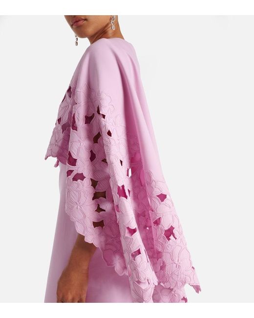 Oscar de la Renta Pink Cape-Detail Wool-Blend Midi Dress