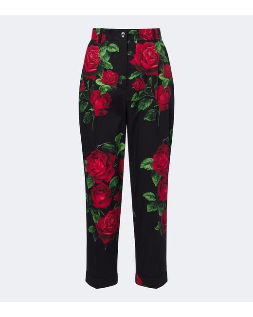 Dolce & Gabbana Red Floral Cropped Cotton Straight Pants