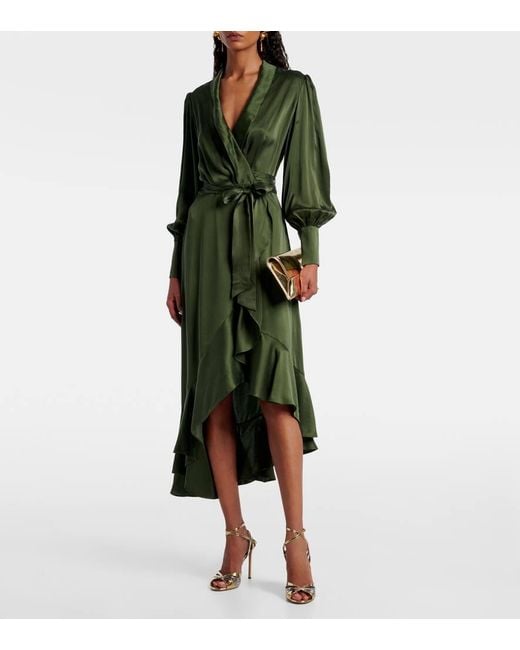 Zimmermann Asymmetric Silk Satin Wrap Dress in Green | Lyst