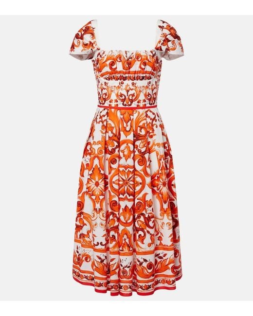 Dolce & Gabbana Red Majolica Printed Cotton Poplin Midi Dress