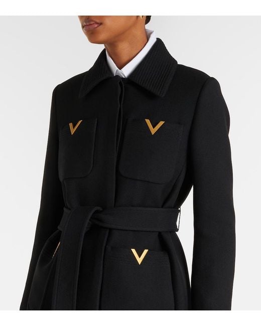 Valentino Black Vgold Belted Wool And Silk Coat