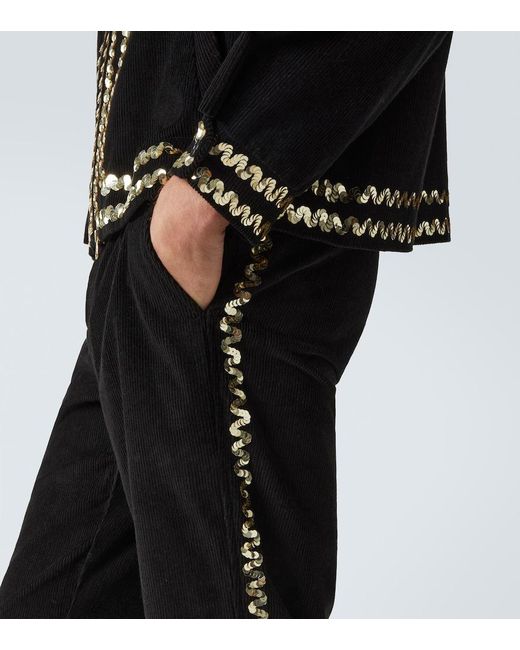 Bode Black Sequined Cotton Corduroy Straight Pants for men