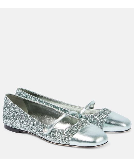 Jimmy Choo Gray Elisa Leather-Trimmed Glitter Ballet Flats