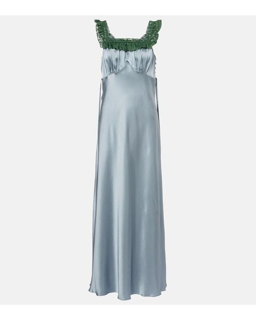 Chloé Blue Lace-Trimmed Silk Satin Maxi Dress