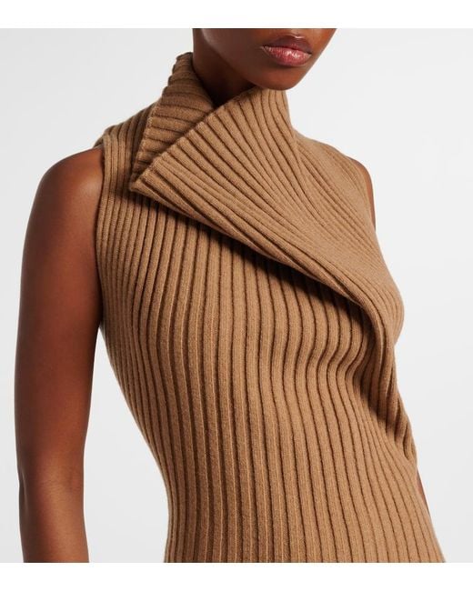 Victoria Beckham Brown Draped Ribbed-Knit Wool-Blend Midi Dress