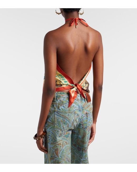 Etro Green Printed Halterneck Silk Top