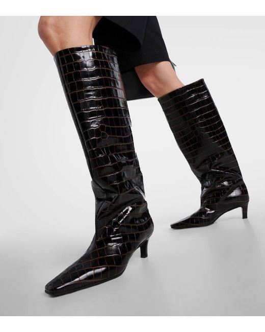 Totême  Black Wide Shaft Croc-effect Leather Knee-high Boots