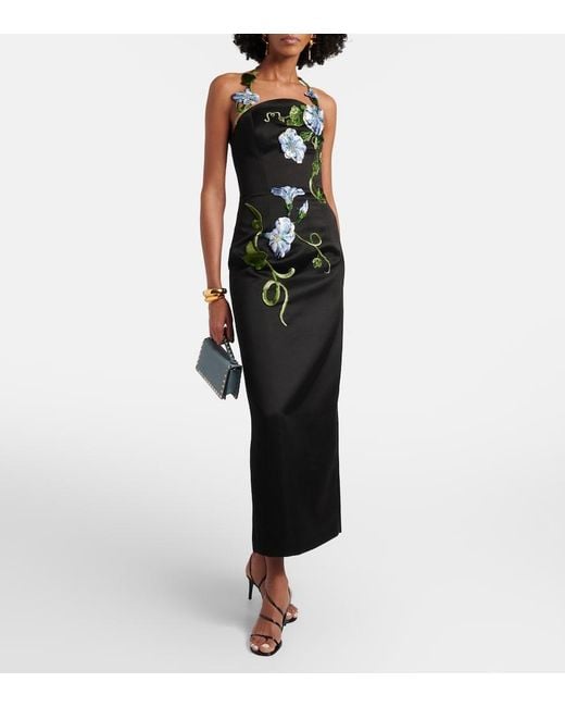 LEO LIN Black Floral-Applique Halterneck Gown