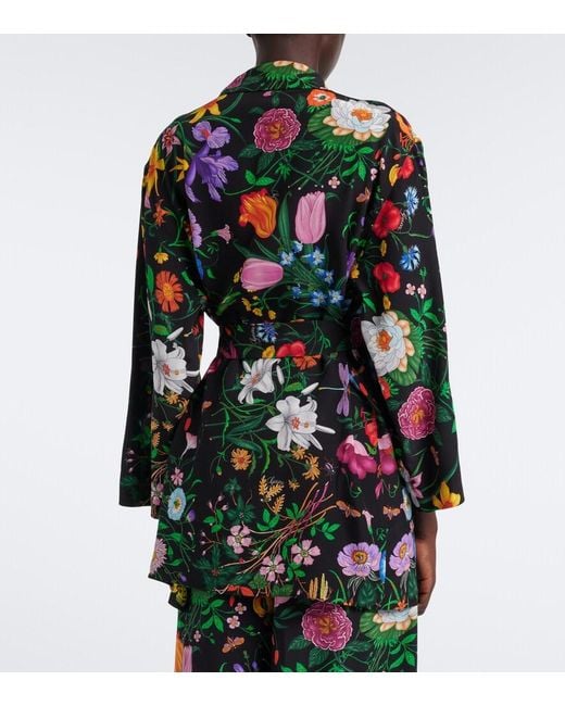 Gucci Blue Flora Belted Silk Crepe De Chine Shirt