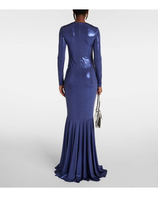 Norma Kamali Blue Ruched Lame Gown
