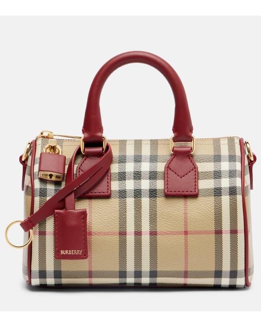 Burberry Red Check Small Leather-Trimmed Canvas Tote Bag