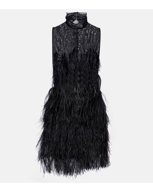 The Attico Black Feather-Trimmed Embroidered Minidress