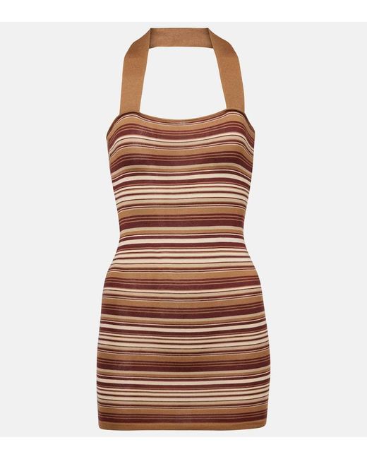 AYA MUSE Brown Striped Silk-Blend Halterneck Minidress