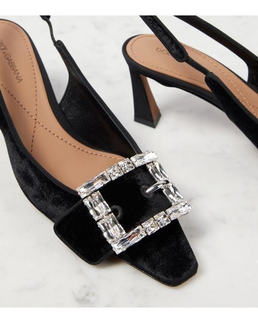 Dolce & Gabbana Black Embellished Velvet Slingback Pumps