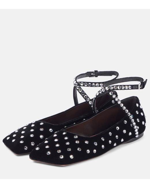 AMINA MUADDI Black Ane Crystal Lace-Up Velvet Ballet Flats