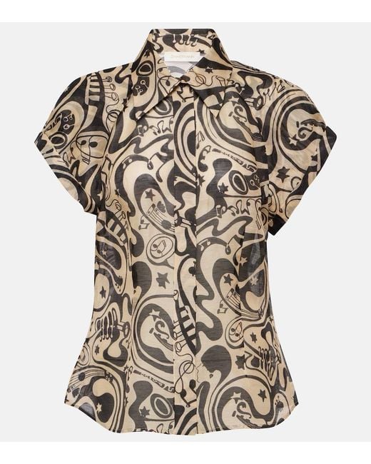 Zimmermann Black Matchmaker Printed Linen And Silk Blouse