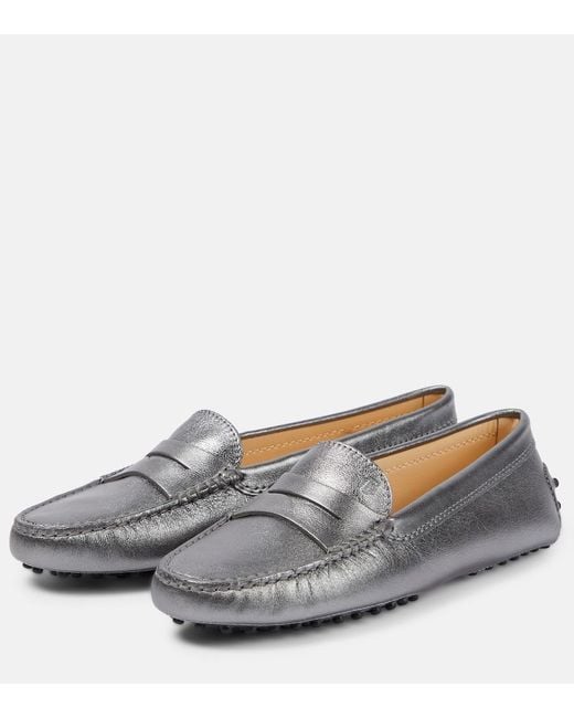 Tod's Gray Metallic Leather Moccasins