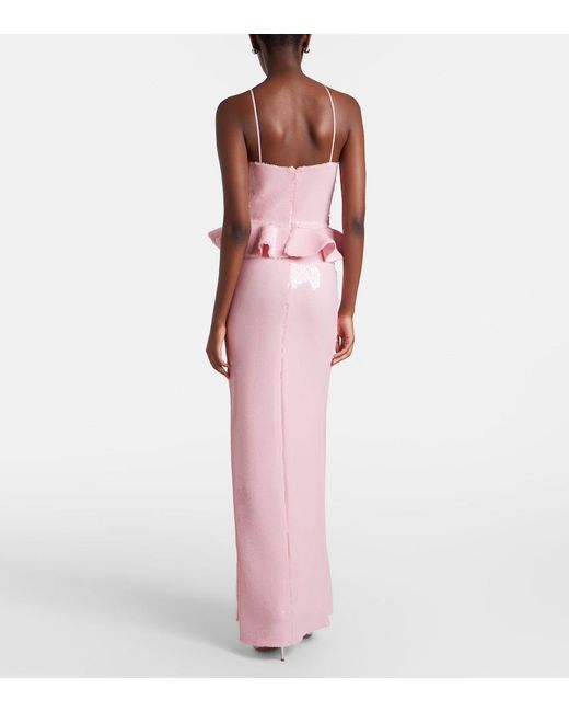 Rodarte Pink Floral-Applique Sequined Peplum Gown