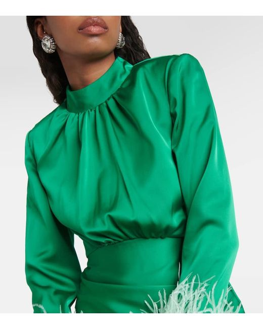 Vestido corto de saten con plumas Self-Portrait de color Green