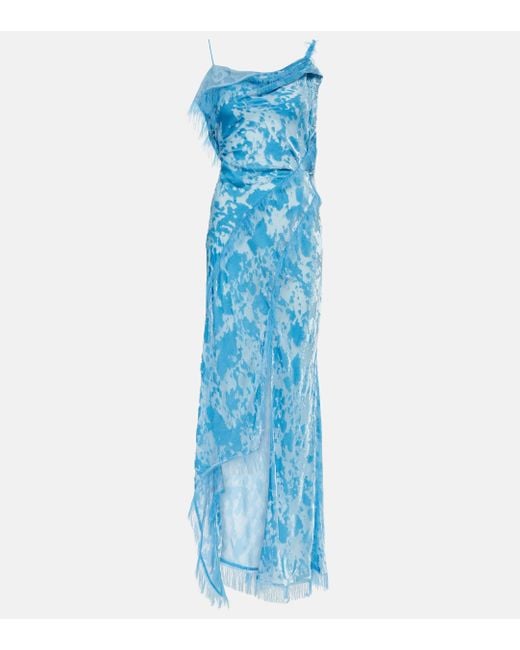 Acne Blue Asymmetric Velvet Maxi Dress