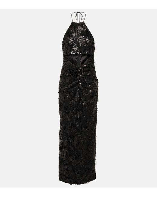 ROTATE BIRGER CHRISTENSEN Black Sequined Halterneck Midi Dress