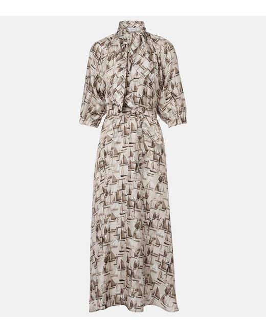 Max Mara White Printed Tie-Neck Silk Twill Midi Dress