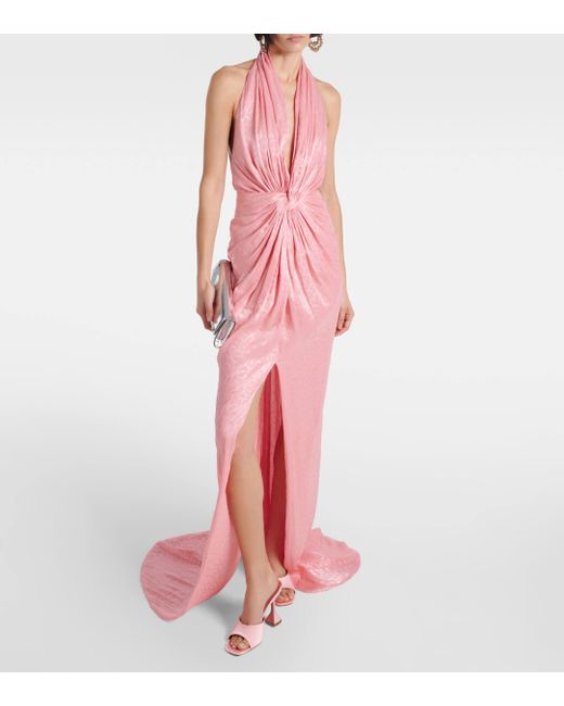 Costarellos Pink Joa Draped Metallic Georgette Gown