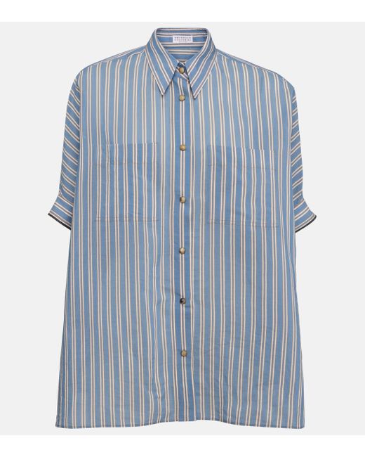 Brunello Cucinelli Blue Oversized Striped Cotton And Silk Shirt