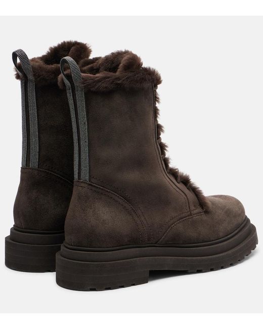 Brunello Cucinelli Black Monili Shearling-Trimmed Suede Lace-Up Boots