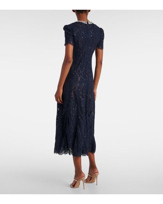 Self-Portrait Blue Embellished Lace Midi Dress