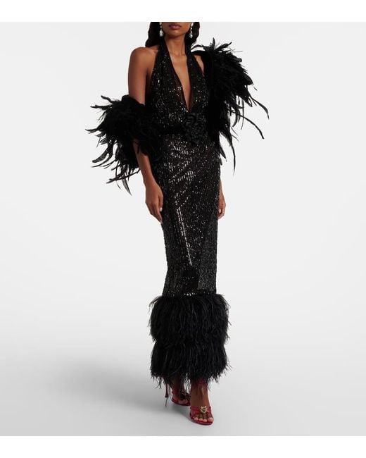 Dolce & Gabbana Black Feather-Trimmed Sequined Sheer Gown