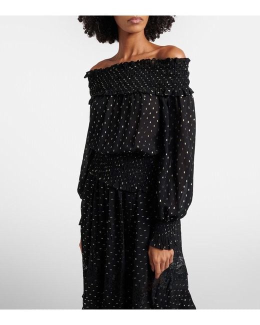 Self-Portrait Black Shirred Metallic-Effect Off-Shoulder Top
