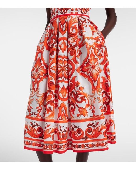 Dolce & Gabbana Red Majolica Printed Cotton Poplin Midi Dress