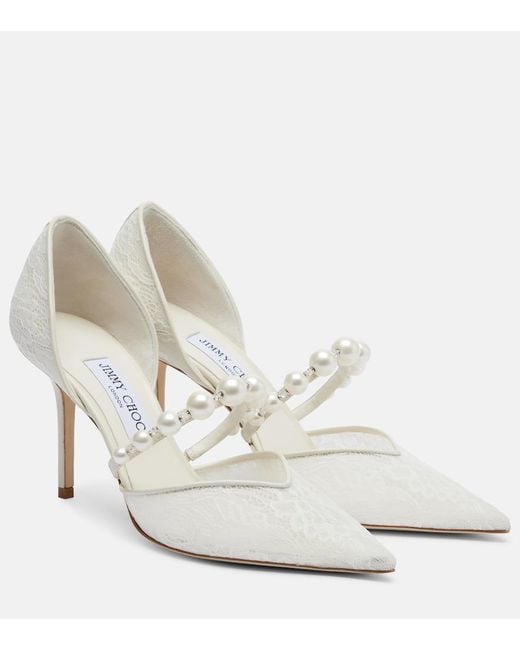 Jimmy Choo White Aurelie Faux Pearl-Embellished Satin Pumps