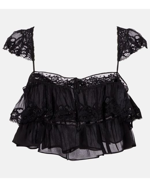 Chloé Black Lace-Trimmed Silk Muslin Bra Top