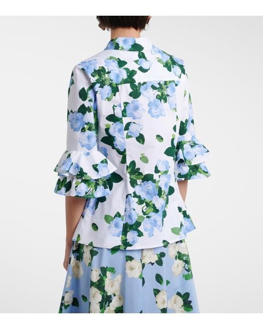 Carolina Herrera Blue Floral Ruffled Cotton-Blend Shirt