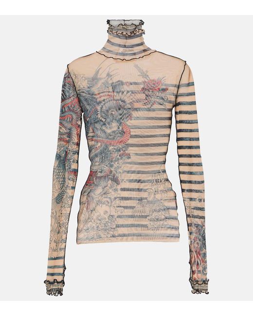Jean Paul Gaultier Gray Tattoo Collection Tulle Turtleneck Top