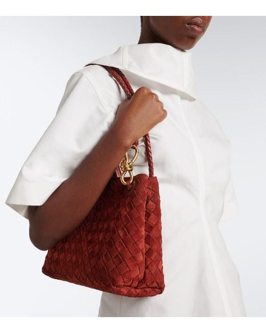 Bottega Veneta Red Andiamo Intrecciato Small Suede Tote Bag