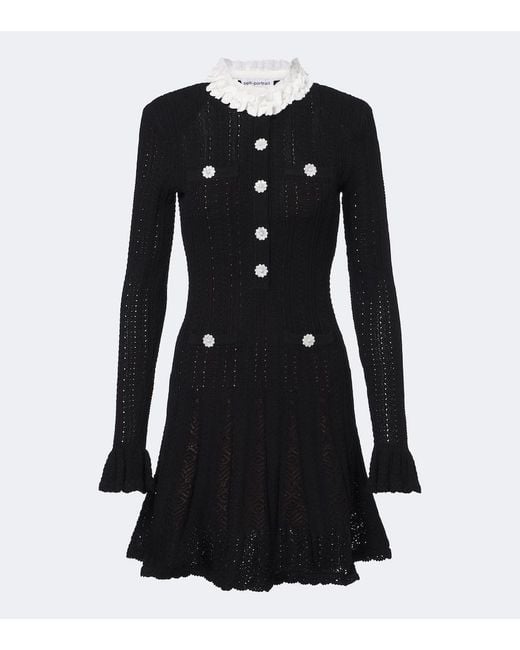 Self-Portrait Black Embellished Knitted Cotton Minidress