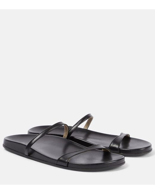 The Row Black Hugh Leather Slides