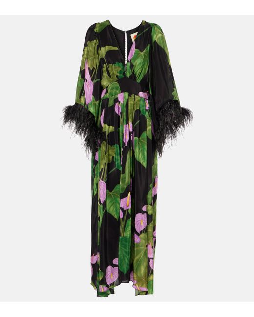 Farm Rio Green Anthurium Floral Fringed Kaftan