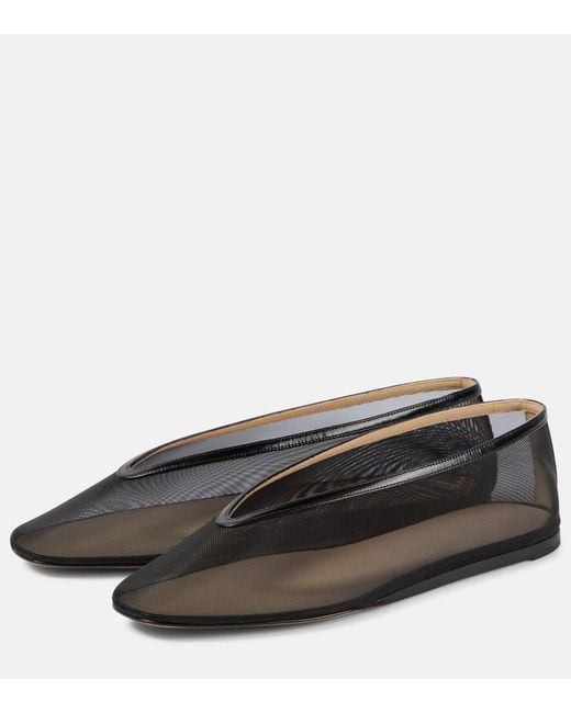 Le Monde Beryl Gray Luna Leather-Trimmed Mesh Ballet Flats