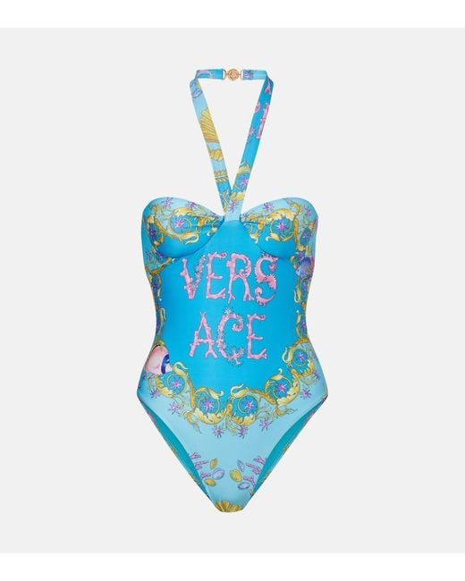 Versace Blue Printed Halterneck Swimsuit