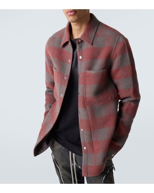 Rick Owens Red Checked Virgin Wool Overshirt for men