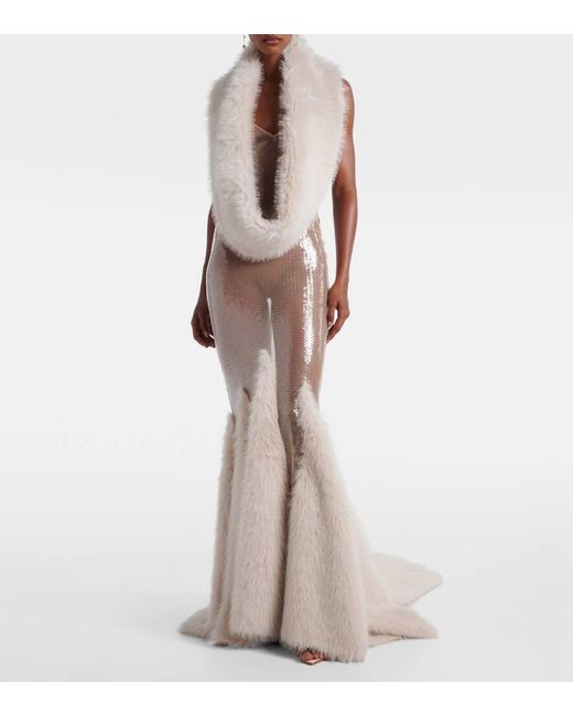 David Koma White Robe Mit Pailletten Und Faux Fur