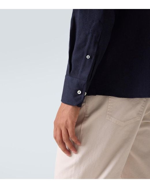 Brunello Cucinelli Blue Chevron Cotton-Blend Flannel Shirt for men