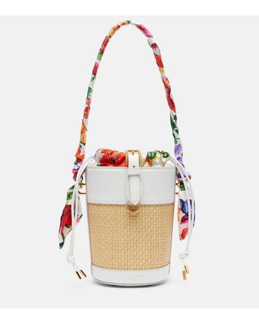 Dolce & Gabbana White Leather-Trimmed Raffia Bucket Bag