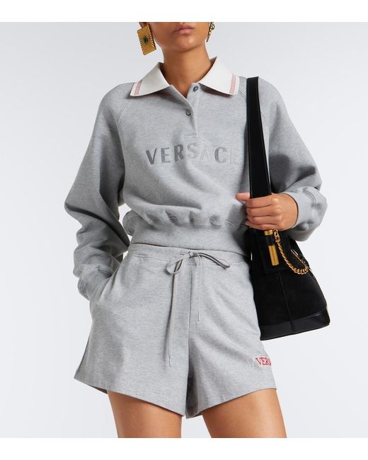 Versace Gray Cropped Cotton Jersey Polo Shirt