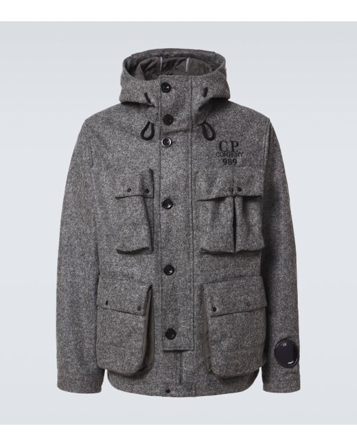 C P Company Gray Goggle Lens Logo Wool Puffer Jacket for men